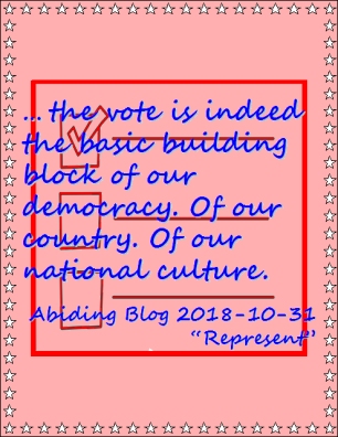 ...the vote is indeed the basic building block of our democracy. Of our country. Of our national culture. #PracticeDemocracy #YourVoteIsVital #AbidingBlog2018Represent